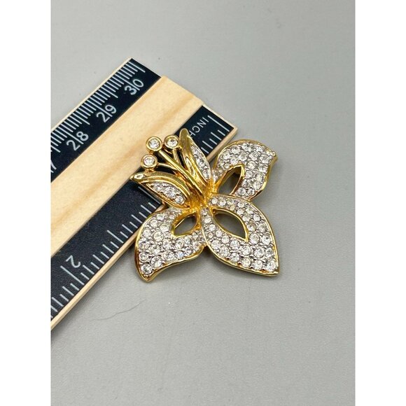 Swarovski Swan Signed Orchid Brooch Gold Tone & Clear Crystals Flower Pin - Picture 7 of 7